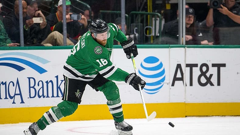 Oct 26, 2023; Dallas, Texas, USA; Dallas Stars center Joe Pavelski (16) passes the puck against the Toronto Maple Leafs during the third period at the American Airlines Center. Mandatory Credit: Jerome Miron-USA TODAY Sports