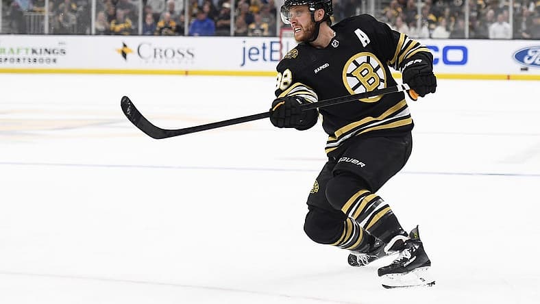 Oct 26, 2023; Boston, Massachusetts, USA; Boston Bruins right wing David Pastrnak (88) shoots the puck on goal during the third period against the Anaheim Ducks at TD Garden. Mandatory Credit: Bob DeChiara-USA TODAY Sports
