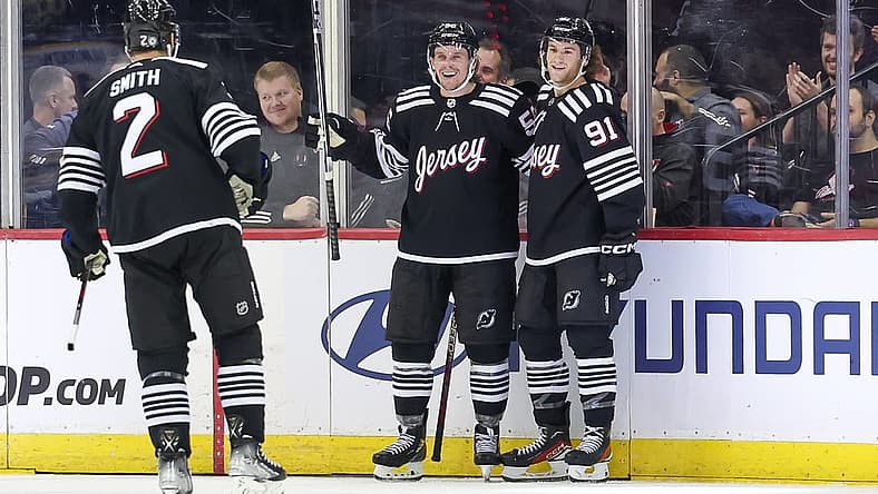 Oct 27, 2023; Newark, New Jersey, USA; New Jersey Devils left wing Erik Haula (56) celebrates his goal with teammates during the second period against the Buffalo Sabres at Prudential Center. Mandatory Credit: Vincent Carchietta-USA TODAY Sports