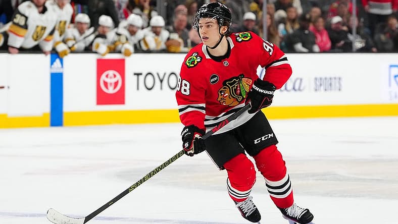 Oct 27, 2023; Las Vegas, Nevada, USA; Chicago Blackhawks center Connor Bedard (98) skates against the Vegas Golden Knights during an overtime period at T-Mobile Arena. Mandatory Credit: Stephen R. Sylvanie-USA TODAY Sports