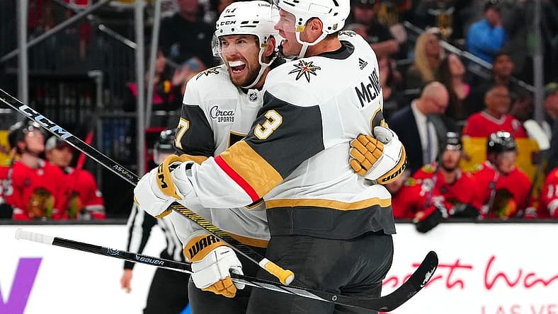 Oct 27, 2023; Las Vegas, Nevada, USA; Vegas Golden Knights defenseman Shea Theodore (27) celebrates with Vegas Golden Knights defenseman Brayden McNabb (3) after scoring a goal against the Chicago Blackhawks during the third period at T-Mobile Arena. Mandatory Credit: Stephen R. Sylvanie-USA TODAY Sports