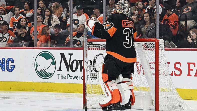 Oct 28, 2023; Philadelphia, Pennsylvania, USA; Philadelphia Flyers goaltender Samuel Ersson (33) watches a replay of a goal scored on him during the third period against the Anaheim Ducks at Wells Fargo Center. Anaheim won 7-4. Mandatory Credit: John Geliebter-USA TODAY Sports