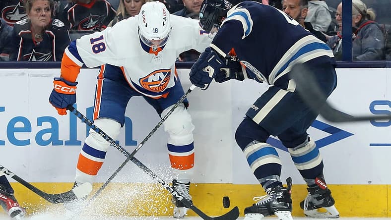 Oct 28, 2023; Columbus, Ohio, USA; New York Islanders left wing Pierre Engvall (18) fights for the puck with Columbus Blue Jackets defenseman Erik Gudbranson (44) during the first period at Nationwide Arena. Mandatory Credit: Joseph Maiorana-USA TODAY Sports