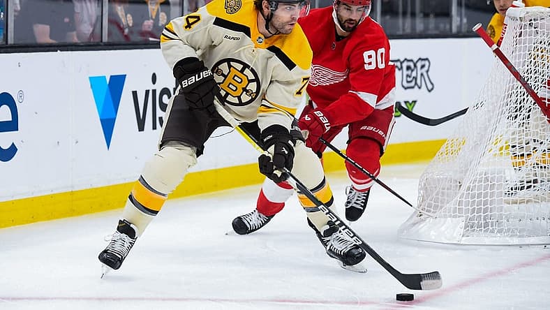 Oct 26, 2023; Boston, Massachusetts, USA; Boston Bruins left wing Jake DeBrusk (74) controls the puck while Detroit Red Wings center Joe Veleno (90) defends during the first period at TD Garden. Mandatory Credit: Bob DeChiara-USA TODAY Sports