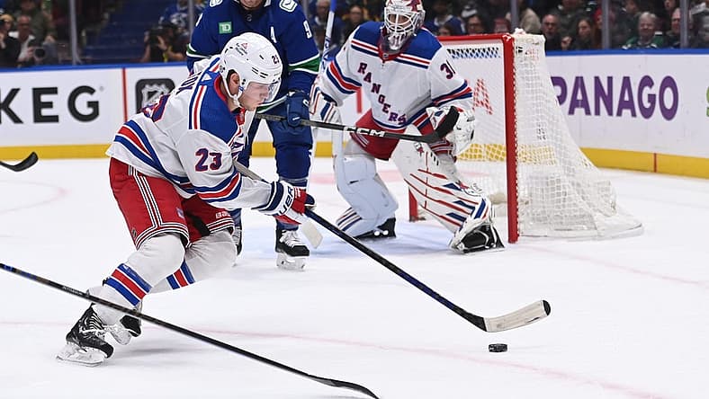 Oct 28, 2023; Vancouver, British Columbia, CAN; New York Rangers defence Adam Fox (23) skates with the puck during first period against the Vancouver Canucks at Rogers Arena. Mandatory Credit: Simon Fearn-USA TODAY Sports