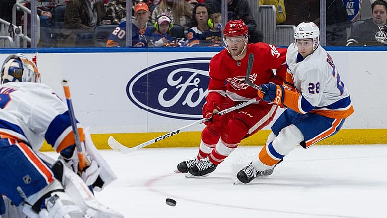 Oct 30, 2023; Elmont, New York, USA; Detroit Red Wings right wing Christian Fischer (36) moves towards the puck in front of New York Islanders goaltender Ilya Sorokin (30) during the first period at UBS Arena. Mandatory Credit: Thomas Salus-USA TODAY Sports
