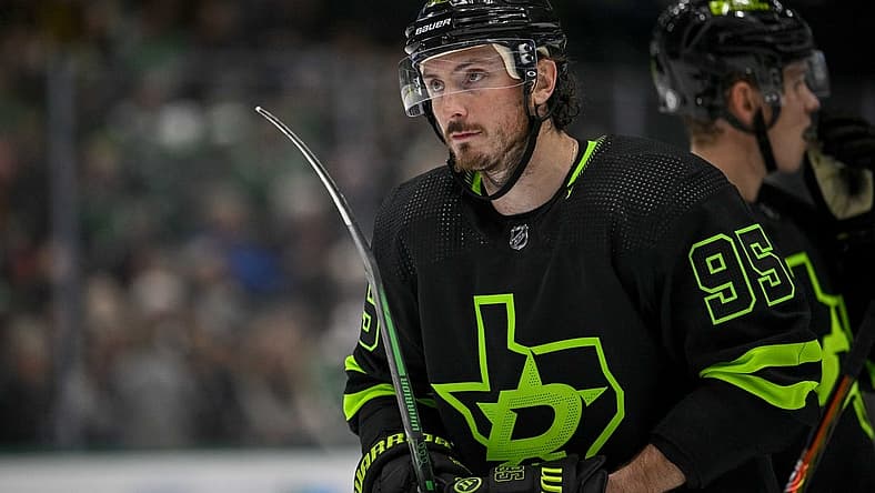 Oct 30, 2023; Dallas, Texas, USA; Dallas Stars center Matt Duchene (95) waits for the face-off against the Columbus Blue Jackets during the second period at the American Airlines Center. Mandatory Credit: Jerome Miron-USA TODAY Sports
