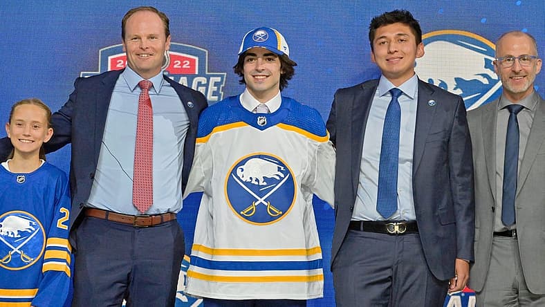 Jul 7, 2022; Montreal, Quebec, CANADA; Matthew Savoie after being selected as the number nine overall pick to the Buffalo Sabres in the first round of the 2022 NHL Draft at Bell Centre. Mandatory Credit: Eric Bolte-USA TODAY Sports