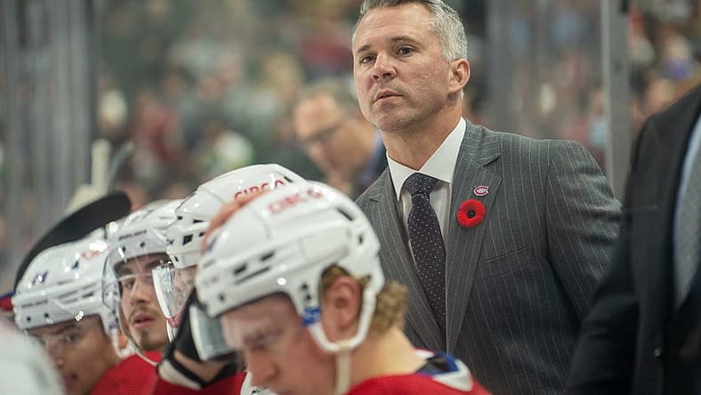 Nov 1, 2022; Saint Paul, Minnesota, USA; Montreal Canadiens head coach Martin St.-Louis looks on in the first period against the Minnesota Wild at Xcel Energy Center. Mandatory Credit: Matt Blewett-USA TODAY Sports