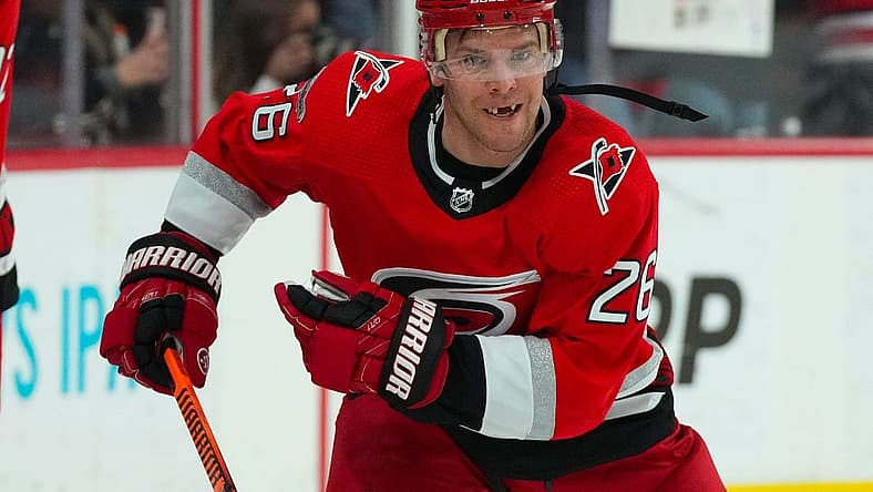 Jan 31, 2023; Raleigh, North Carolina, USA; Carolina Hurricanes center Paul Stastny (26)) skates before the game against the Los Angeles Kings at PNC Arena. Mandatory Credit: James Guillory-USA TODAY Sports