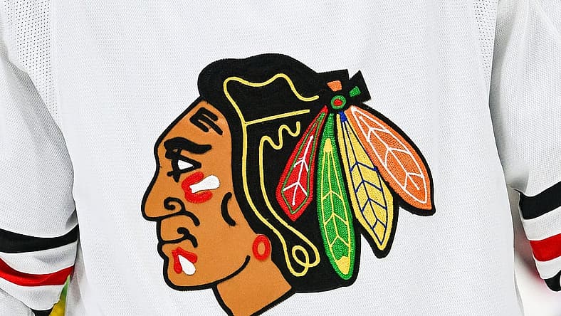 Feb 14, 2023; Montreal, Quebec, CAN; View of a Chicago Blackhawks logo on a jersey worn by a member of the team against the Montreal Canadiens during the third period at Bell Centre. Mandatory Credit: David Kirouac-USA TODAY Sports