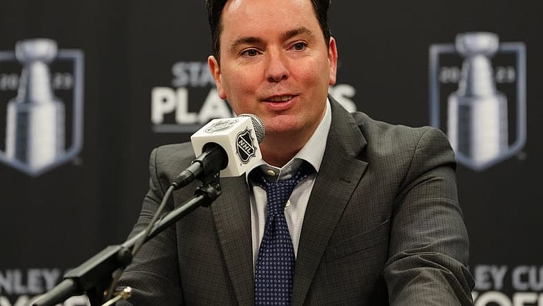 May 6, 2023; Las Vegas, Nevada, USA; Edmonton Oilers head coach Jay Woodcroft fields questions in a press conference after the Oilers defeated the Vegas Golden Knights in game two of the second round of the 2023 Stanley Cup Playoffs at T-Mobile Arena. Mandatory Credit: Stephen R. Sylvanie-USA TODAY Sports