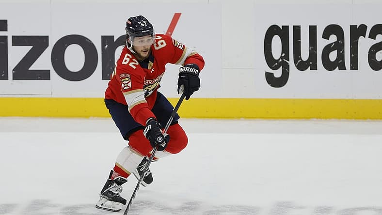June 10, 2023; Sunrise, FL, USA; Florida Panthers defenseman Brandon Montour (62) controls the puck against the Vegas Golden Knights in the first period in game four of the 2023 Stanley Cup Final at FLA Live Arena. Mandatory Credit: Sam Navarro-USA TODAY Sports