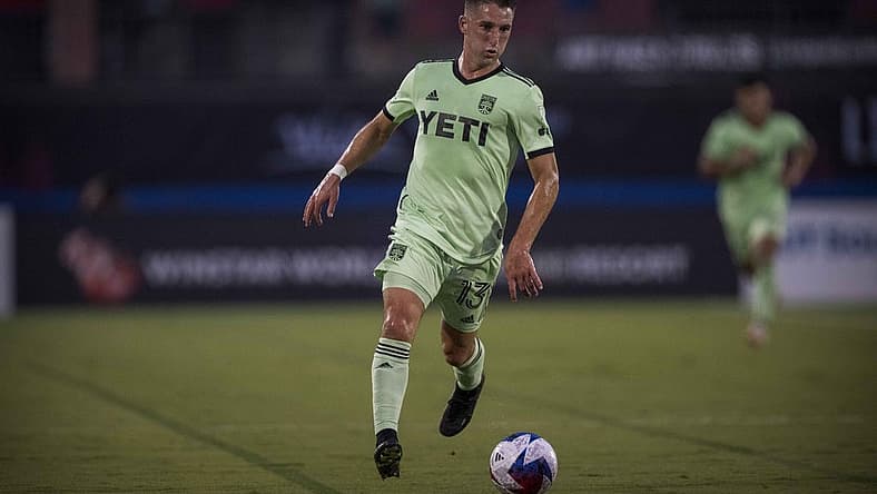 Aug 26, 2023; Frisco, Texas, USA; Austin FC midfielder Ethan Finlay (13) in action during the game between FC Dallas and Austin FC at Toyota Stadium. Mandatory Credit: Jerome Miron-USA TODAY Sports