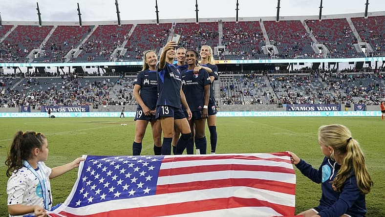 Sep 3, 2023; San Diego, California, USA; San Diego Wave FC team members are are honored for their time playing in the Women s World Cup at Snapdragon Stadium. Mandatory Credit: Ray Acevedo-USA TODAY Sports