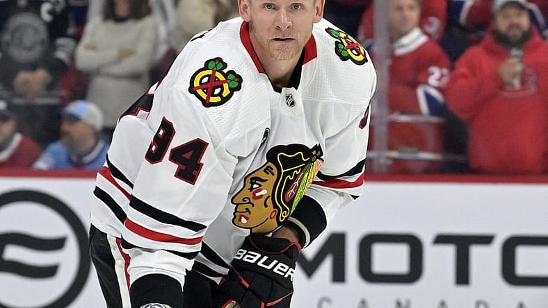 Oct 14, 2023; Montreal, Quebec, CAN; Chicago Blackhawks forward Corey Perry (94) skates during the warmup period before the game against the Montreal Canadiens at the Bell Centre. Mandatory Credit: Eric Bolte-USA TODAY Sports