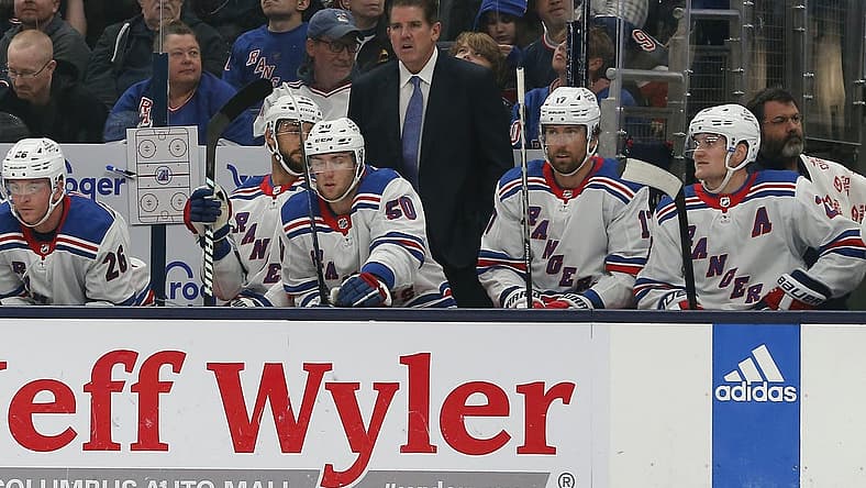 Oct 14, 2023; Columbus, Ohio, USA; New York Rangers head coach Peter Laviolette looks on during the first period at Nationwide Arena. Mandatory Credit: Russell LaBounty-USA TODAY Sports