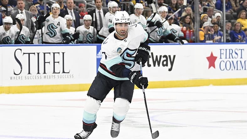 Oct 14, 2023; St. Louis, Missouri, USA; Seattle Kraken right wing Jordan Eberle (7) skates against the St. Louis Blues during the first period at Enterprise Center. Mandatory Credit: Jeff Le-USA TODAY Sports
