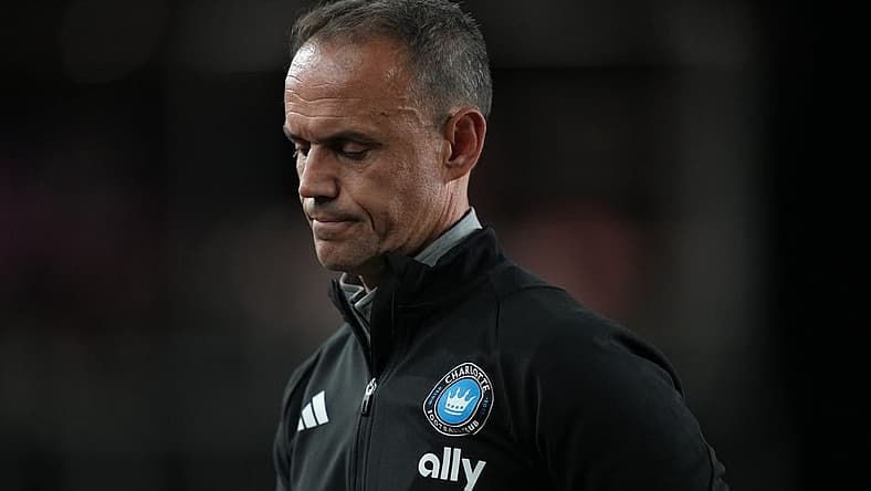 Oct 18, 2023; Fort Lauderdale, Florida, USA; Charlotte FC head coach Christian Lattanzio reacts during the second half at DRV PNK Stadium. Mandatory Credit: Jim Rassol-USA TODAY Sports