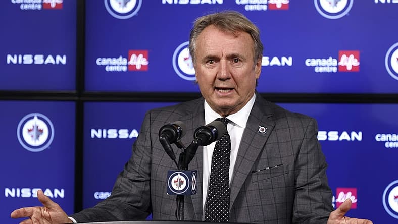 Oct 19, 2023; Winnipeg, Manitoba, CAN; Winnipeg Jets head coach Rick Bowness talks to the media after a game against the Vegas Golden Knights at Canada Life Centre. Mandatory Credit: James Carey Lauder-USA TODAY Sports