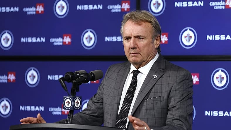 Oct 19, 2023; Winnipeg, Manitoba, CAN; Winnipeg Jets head coach Rick Bowness talks to the media after a game against the Vegas Golden Knights at Canada Life Centre. Mandatory Credit: James Carey Lauder-USA TODAY Sports