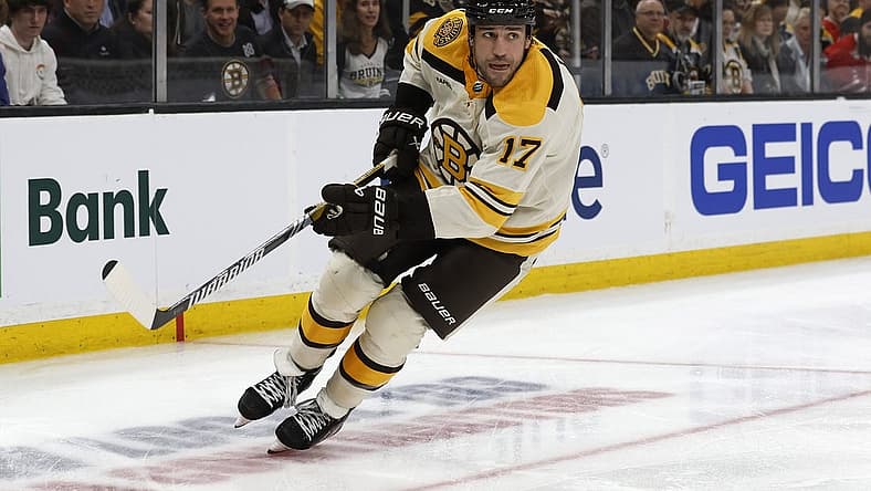 Oct 11, 2023; Boston, Massachusetts, USA; Boston Bruins left wing Milan Lucic (17) against the Chicago Blackhawks during the second period at TD Garden. Mandatory Credit: Winslow Townson-USA TODAY Sports