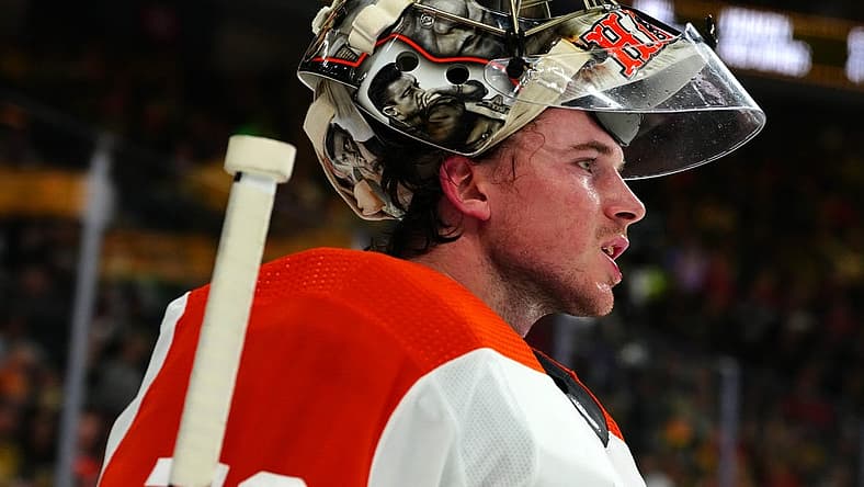 Oct 24, 2023; Las Vegas, Nevada, USA; Philadelphia Flyers goaltender Carter Hart (79) awaits a face off against the Vegas Golden Knights during the second period at T-Mobile Arena. Mandatory Credit: Stephen R. Sylvanie-USA TODAY Sports
