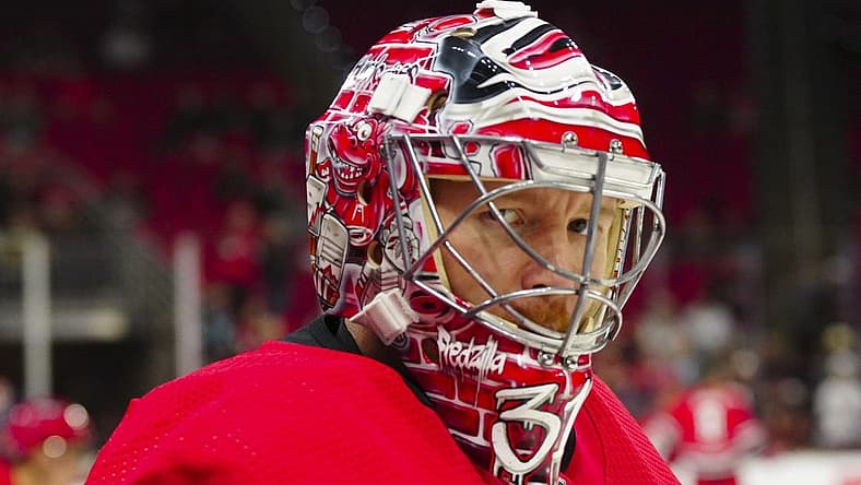 Oct 26, 2023; Raleigh, North Carolina, USA; Carolina Hurricanes goaltender Frederik Andersen (31) looks on before the game against the Seattle Kraken at PNC Arena. Mandatory Credit: James Guillory-USA TODAY Sports