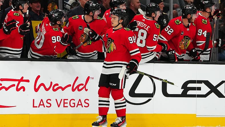 Oct 27, 2023; Las Vegas, Nevada, USA; Chicago Blackhawks center Connor Bedard (98) celebrates with team mates after scoring a goal against the Vegas Golden Knights during the first period at T-Mobile Arena. Mandatory Credit: Stephen R. Sylvanie-USA TODAY Sports