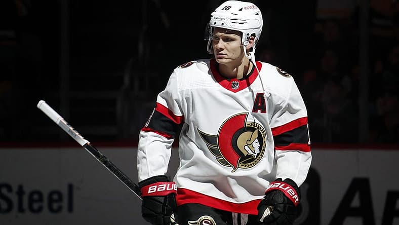 Oct 28, 2023; Pittsburgh, Pennsylvania, USA; Ottawa Senators left wing Tim Stutzle (18) takes the ice to play against the Pittsburgh Penguins during the first period at PPG Paints Arena. Mandatory Credit: Charles LeClaire-USA TODAY Sports