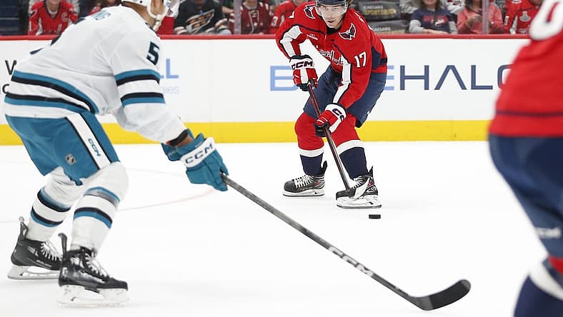 Oct 29, 2023; Washington, District of Columbia, USA; Washington Capitals center Dylan Strome (17) controls the puck as San Jose Sharks defenseman Matt Benning (5) defends during the first period at Capital One Arena. Mandatory Credit: Amber Searls-USA TODAY Sports