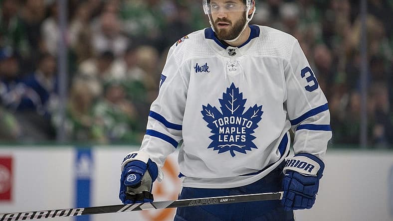 Oct 26, 2023; Dallas, Texas, USA; Toronto Maple Leafs defenseman Timothy Liljegren (37) in action during the game between the Dallas Stars and the Toronto Maple Leafs at the American Airlines Center. Mandatory Credit: Jerome Miron-USA TODAY Sports