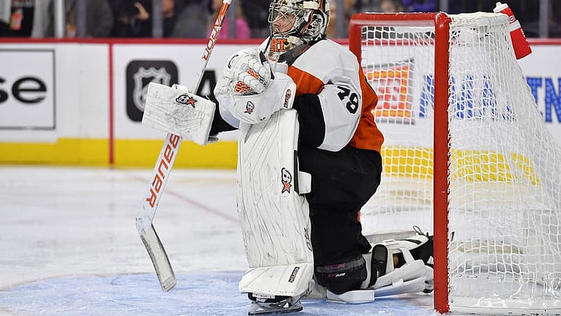 Oct 30, 2023; Philadelphia, Pennsylvania, USA; Philadelphia Flyers goaltender Carter Hart (79) against the Carolina Hurricanes during the second period at Wells Fargo Center. Mandatory Credit: Eric Hartline-USA TODAY Sports