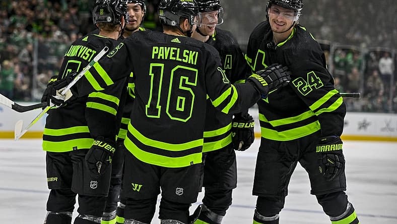 Oct 30, 2023; Dallas, Texas, USA; Dallas Stars center Joe Pavelski (16) and center Roope Hintz (24) and left wing Jason Robertson (21) and defenseman Esa Lindell (23) and defenseman Nils Lundkvist (5) celebrates a goal by Hintz against the Columbus Blue Jackets during the second period at the American Airlines Center. Mandatory Credit: Jerome Miron-USA TODAY Sports