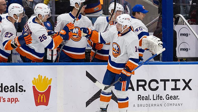 Oct 30, 2023; Elmont, New York, USA; New York Islanders center Bo Horvat (14) celebrates his goal against the Detroit Red Wings during the third period at UBS Arena. Mandatory Credit: Thomas Salus-USA TODAY Sports