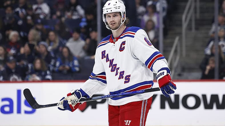 Oct 30, 2023; Winnipeg, Manitoba, CAN; New York Rangers defenseman Jacob Trouba (8) looks on in the second period against the Winnipeg Jets at Canada Life Centre. Mandatory Credit: James Carey Lauder-USA TODAY Sports