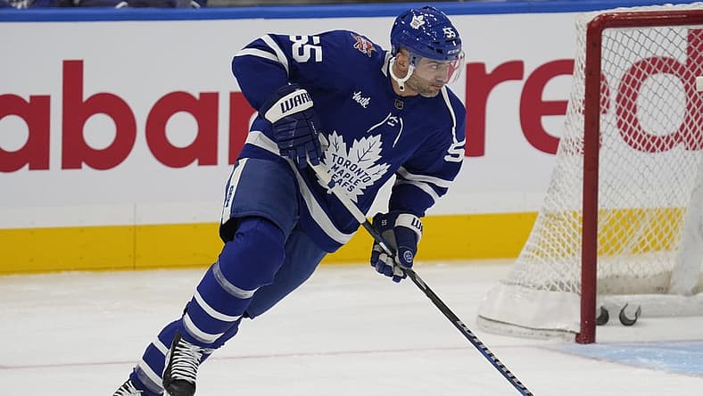 Oct 31, 2023; Toronto, Ontario, CAN; Toronto Maple Leafs defenseman Mark Giordano (55) skates during warm up before a game against the Los Angeles Kings at Scotiabank Arena. Mandatory Credit: John E. Sokolowski-USA TODAY Sports