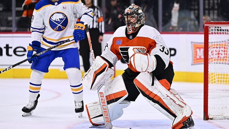Nov 1, 2023; Philadelphia, Pennsylvania, USA; Philadelphia Flyers goalie Samuel Ersson (33) defends the net against the Buffalo Sabres in the second period at Wells Fargo Center. Mandatory Credit: Kyle Ross-USA TODAY Sports