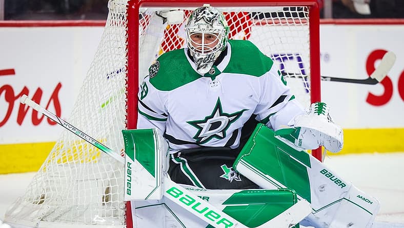 Nov 1, 2023; Calgary, Alberta, CAN; Dallas Stars goaltender Jake Oettinger (29) guards his net against the Calgary Flames during the second period at Scotiabank Saddledome. Mandatory Credit: Sergei Belski-USA TODAY Sports