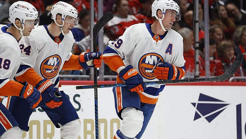 Nov 2, 2023; Washington, District of Columbia, USA; New York Islanders center Brock Nelson (29) celebrates with teammates after scoring a goal against the Washington Capitals in the second period at Capital One Arena. Mandatory Credit: Geoff Burke-USA TODAY Sports