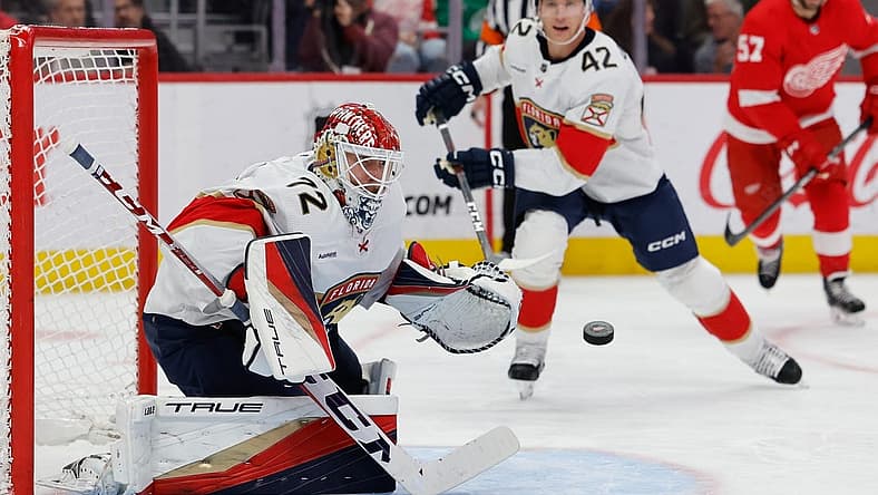 Nov 2, 2023; Detroit, Michigan, USA;  Florida Panthers goaltender Sergei Bobrovsky (72) makes a save in the second period against the Detroit Red Wings at Little Caesars Arena. Mandatory Credit: Rick Osentoski-USA TODAY Sports