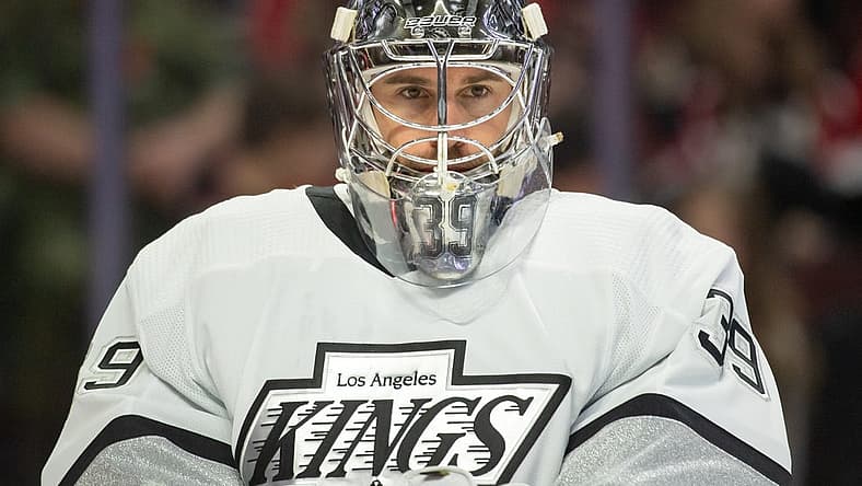 Nov 2, 2023; Ottawa, Ontario, CAN; Los Angeles Kings goalie Cam Talbot (39) looks on prior to the start of game against the Ottawa Senators at the Canadian Tire Centre. Mandatory Credit: Marc DesRosiers-USA TODAY Sports