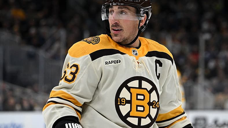 Nov 2, 2023; Boston, Massachusetts, USA; Boston Bruins left wing Brad Marchand (63) skates against the Toronto Maple Leafs during the third period at the TD Garden. Mandatory Credit: Brian Fluharty-USA TODAY Sports