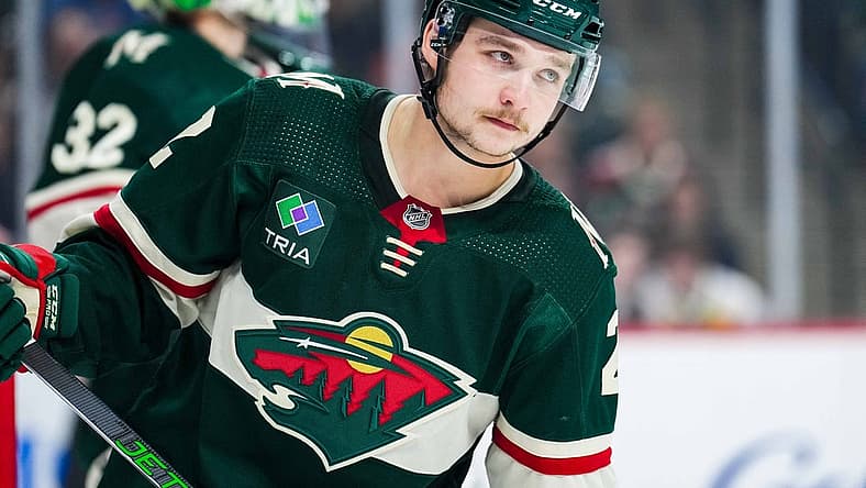 Nov 2, 2023; Saint Paul, Minnesota, USA; Minnesota Wild defenseman Calen Addison (2) looks on during the first period against the New Jersey Devils at Xcel Energy Center. Mandatory Credit: Brace Hemmelgarn-USA TODAY Sports