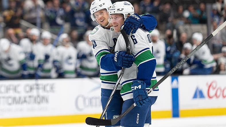 Nov 2, 2023; San Jose, California, USA; Vancouver Canucks center Elias Pettersson (40) hugs right wing Brock Boeser (6) during the first period against the San Jose Sharks at SAP Center at San Jose. Mandatory Credit: Stan Szeto-USA TODAY Sports