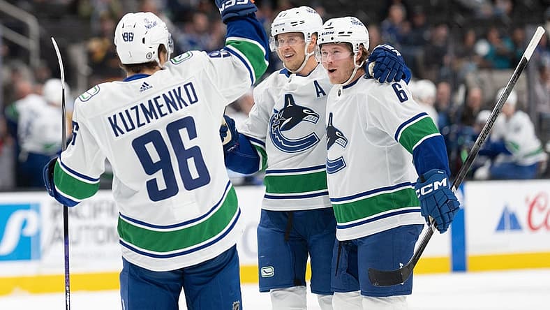 Nov 2, 2023; San Jose, California, USA; Vancouver Canucks left wing Andrei Kuzmenko (96) celebrates with center Elias Pettersson (40) and right wing Brock Boeser (6) during the first period against the San Jose Sharks at SAP Center at San Jose. Mandatory Credit: Stan Szeto-USA TODAY Sports