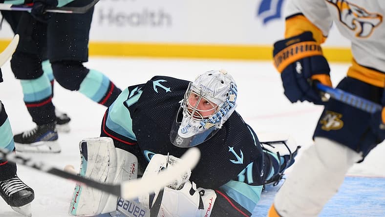 Nov 2, 2023; Seattle, Washington, USA; Seattle Kraken goaltender Philipp Grubauer (31) defends the goal against the Nashville Predators during the second period at Climate Pledge Arena. Mandatory Credit: Steven Bisig-USA TODAY Sports