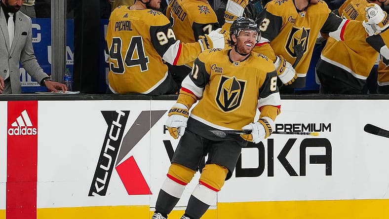 Nov 2, 2023; Las Vegas, Nevada, USA; Vegas Golden Knights right wing Jonathan Marchessault (81) celebrates after scoring a goal against the Winnipeg Jets during the second period at T-Mobile Arena. Mandatory Credit: Stephen R. Sylvanie-USA TODAY Sports