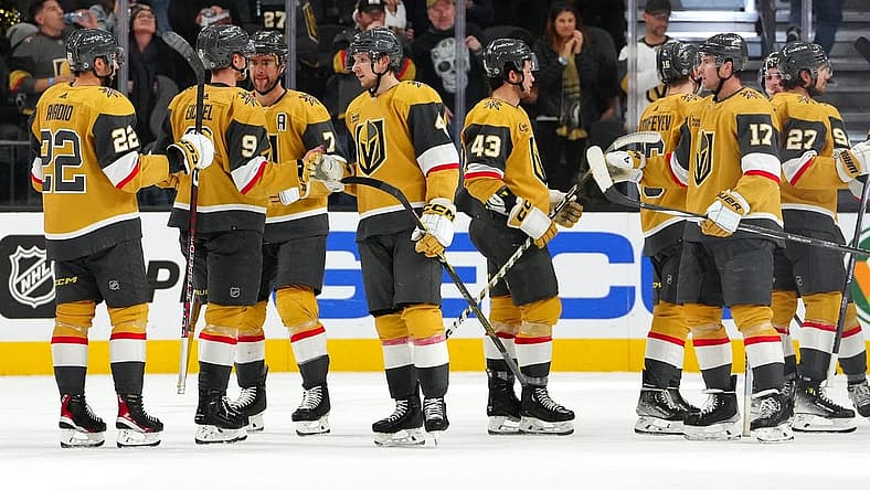 Nov 2, 2023; Las Vegas, Nevada, USA; Vegas Golden Knights players celebrate after defeating the Winnipeg Jets 5-2 at T-Mobile Arena. Mandatory Credit: Stephen R. Sylvanie-USA TODAY Sports