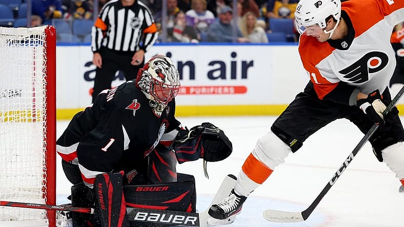 Nov 3, 2023; Buffalo, New York, USA;  Buffalo Sabres goaltender Ukko-Pekka Luukkonen (1) looks to make a save on Philadelphia Flyers right wing Tyson Foerster (71) during the first period at KeyBank Center. Mandatory Credit: Timothy T. Ludwig-USA TODAY Sports